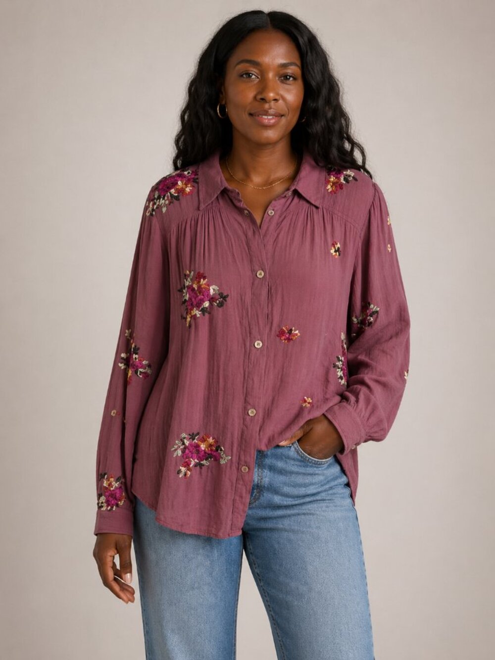 Fig & Flower Mauve Floral Embroidered Button Down Blouse Boho Cottagecore  Sz XL